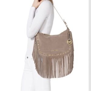 Michael Kors Large “Dakota” Fringe Taupe/Tan Suede Crossbody/shoulder bag